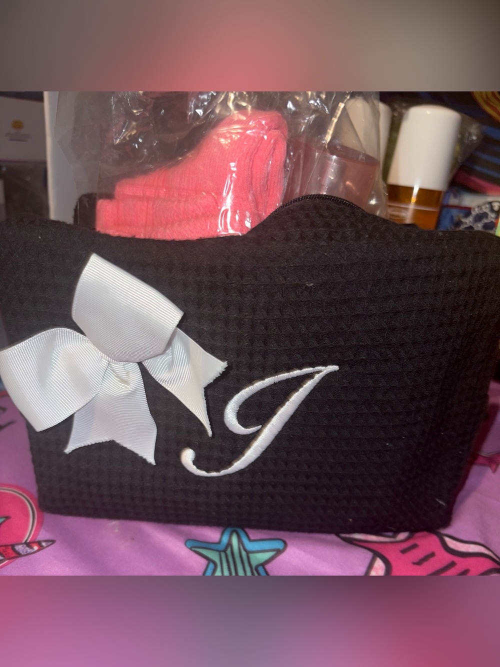 Black Waffle Knit Cosmetic Bag with White Bow and Monogram
